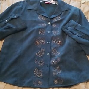 Teal button down with paisley embroidery